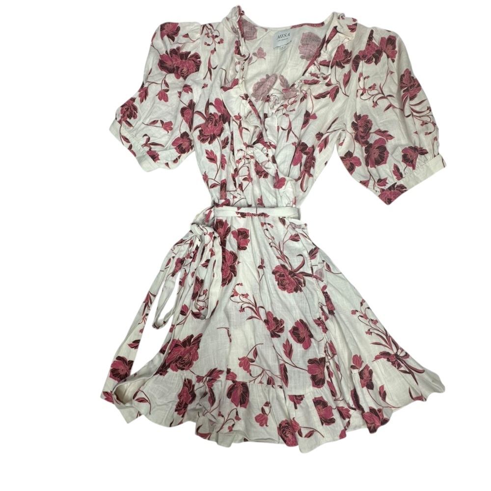 MISA Dress Small White Pink Thora Floral Ruffle Mini Wrap Abstract Peony  small - Picture 6 of 12